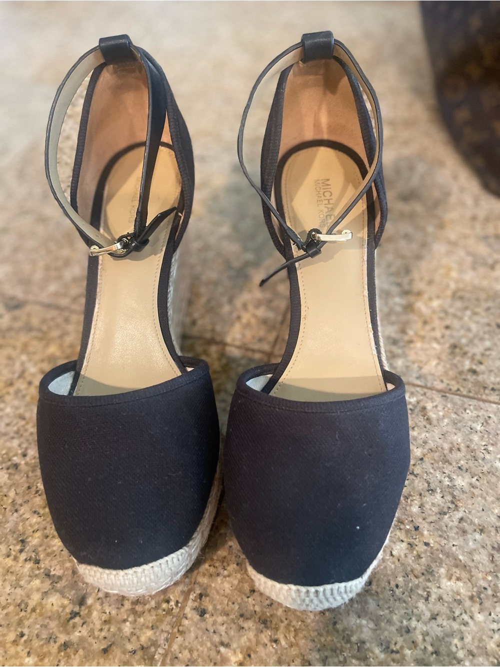 MICHAEL Michael Kors Black Canvas Espadrille Wedge Sandals with Ankle Tie